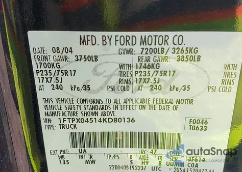 2004 Ford F150 from USA, damaged, VIN 1FTPX04514KD80136